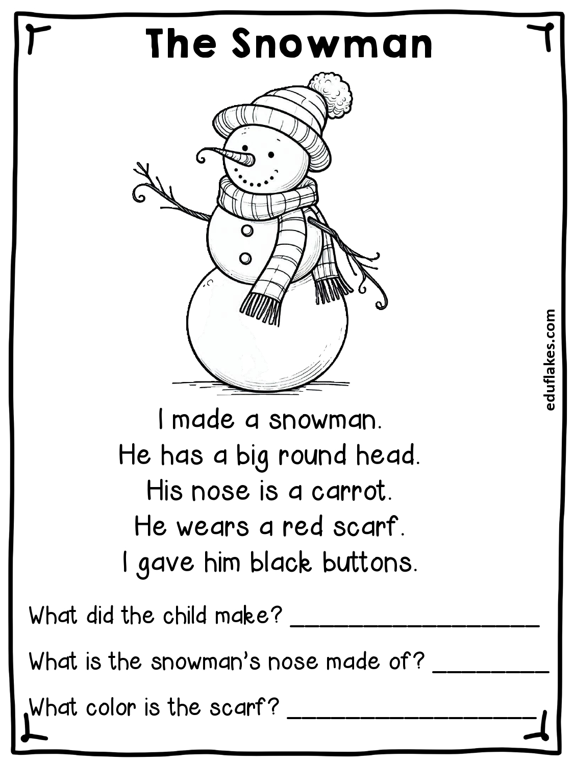 kindergarten winter reading comprehension free pdf - eduflakes